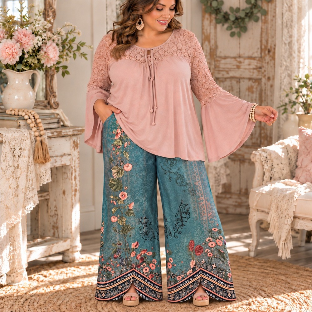 56. 2x SET Shabby Chic Pink Boho Top & Teal Green Floral Wide Leg Pants pockets